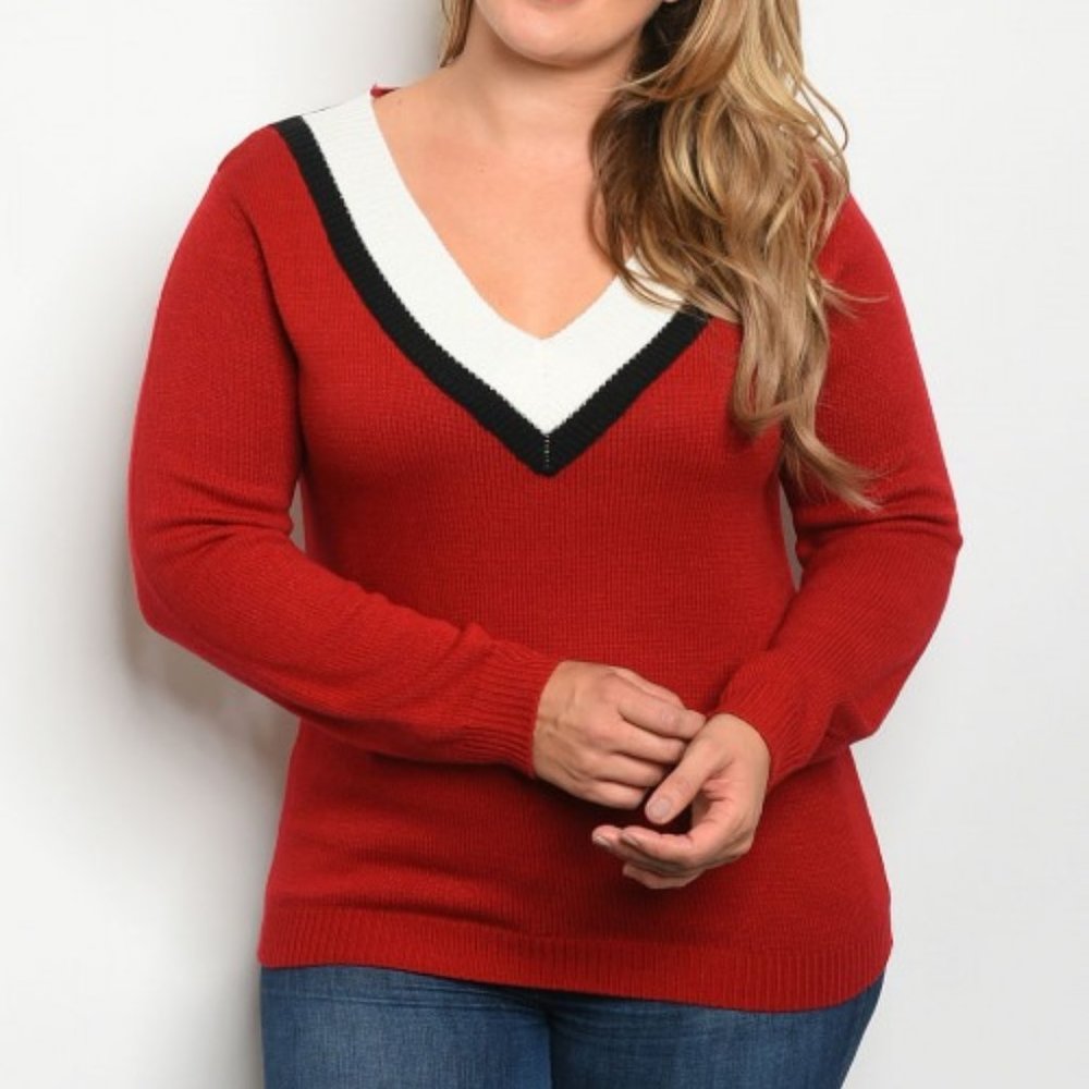 Burgundy Plus size V-Neck Sweater
